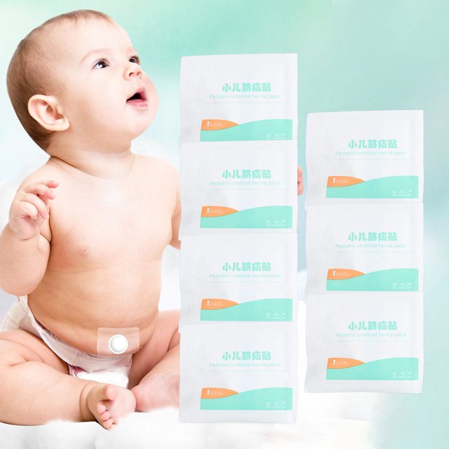 Baby Belly Navel Patch by Fyydes, a portable baby hernia patch designed for bathing. The image shows a baby wearing the breathable and waterproof navel patch on their belly, with individually packaged patches displayed alongside. Each package is labeled 'Pediatric umbilical hernia patch' in a white and teal design. The product includes 7 hernia belts and 7 adhesive stickers, made from non-woven fabrics for comfort and convenience.