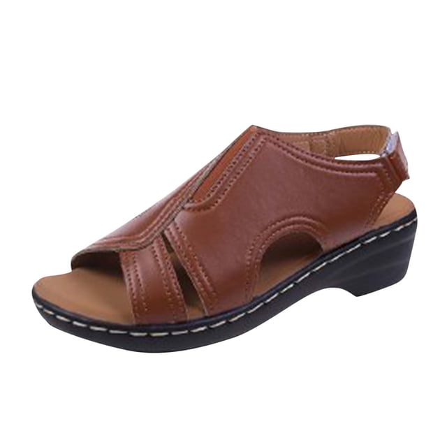 Wedge Sandals for Women Slingback Open Toe Side Cutout Soft Sole Non Slip Summer Leather Sandals Brown