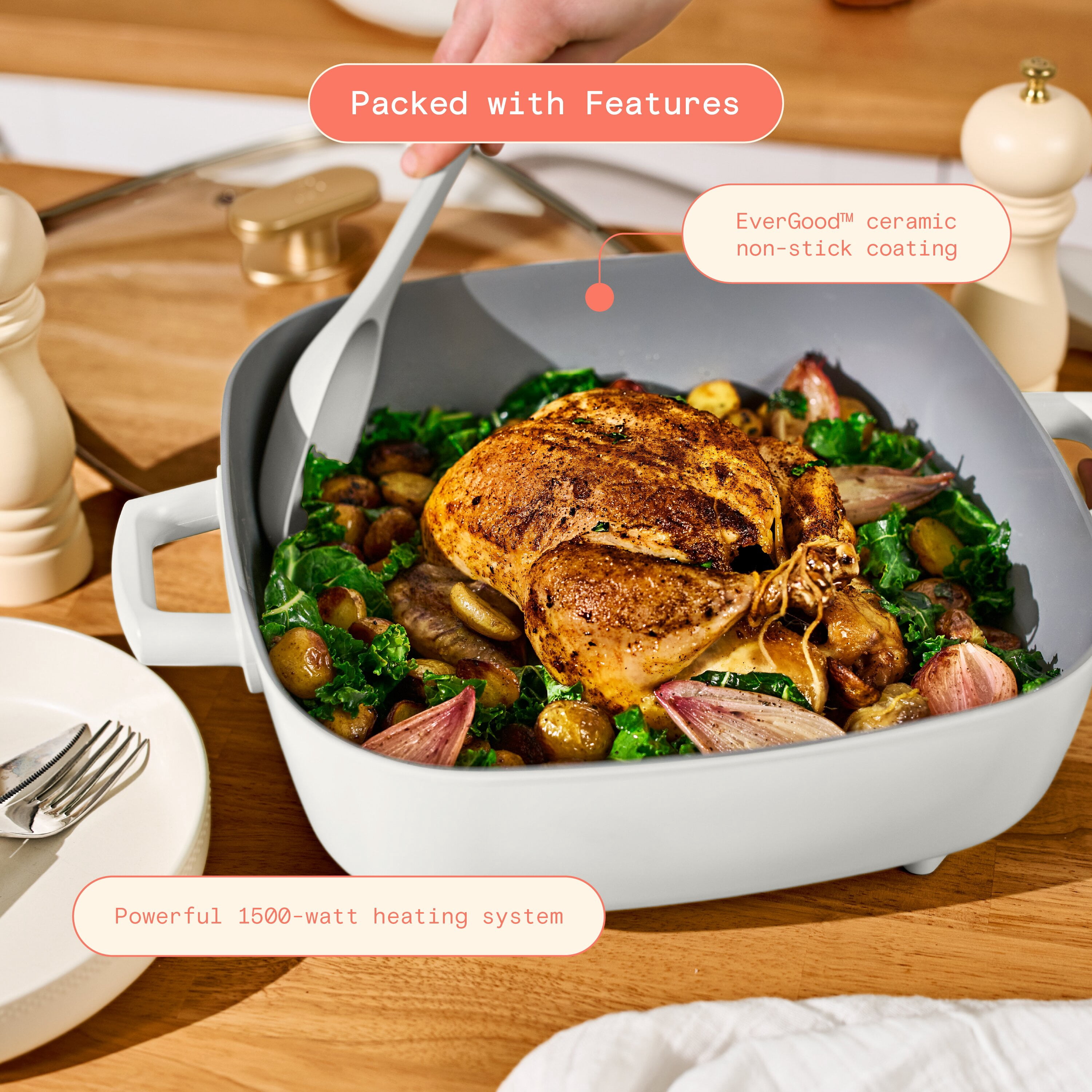 Beautiful By Drew Barrymore 5-in-1, 12" x 12" Detachable Electric Skillet with EverGood™ Ceramic Nonstick Coating