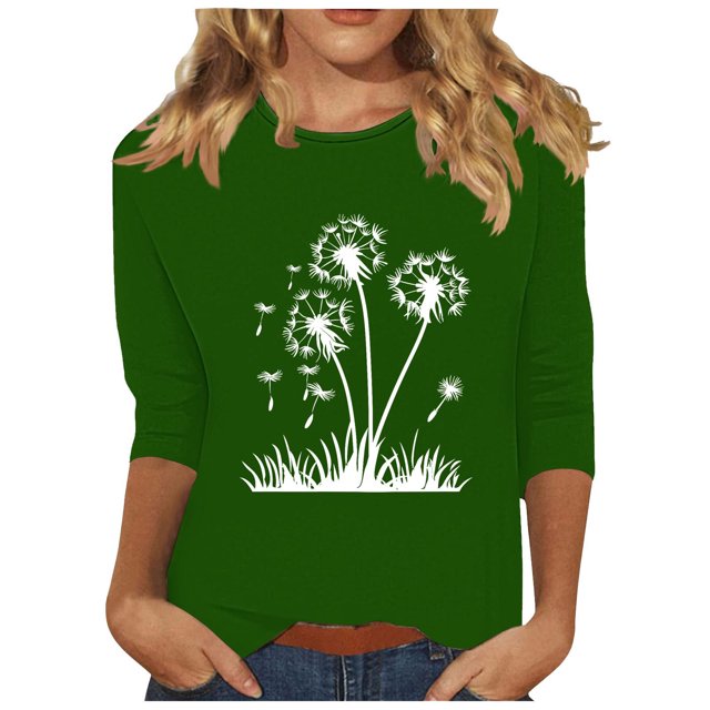 Plebaso Hauts pour Femmes Manches 3/4 Chemises Décontractées Imprimées Tunique à Col Ras du Cou Hauts Chandails Blouses pour Femmes