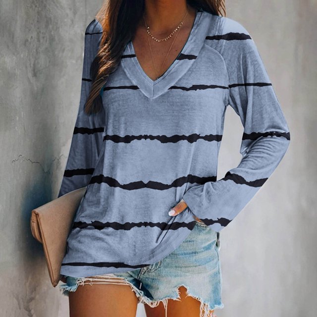 zanvin Longues Blouse à Manches pour Femmes, Blouse Mode Décontractée à Manches Longues à Col en V Imprimé pour Femmes, Bleu, P