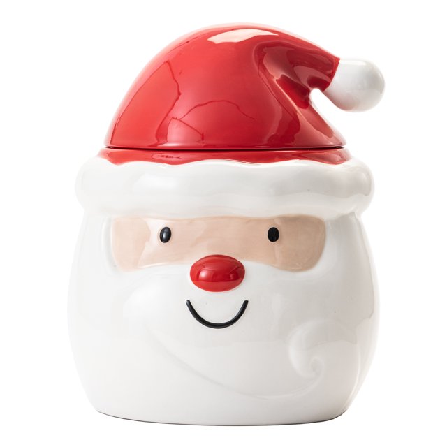 Holiday Time Figural Ceramic Cookie Jar shaped like a Santa Claus face with a red hat lid, white beard, and smiling expression, made of glossy ceramic, ideal as a decorative object for holiday kitchen counters and for storing cookies or dry goods.