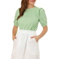 thumbnail image 1 of INSPIRE CHIC Women's Puff Shoulder Round Neck Collarless Ruffle Keyhole Back Blouse, 1 of 5