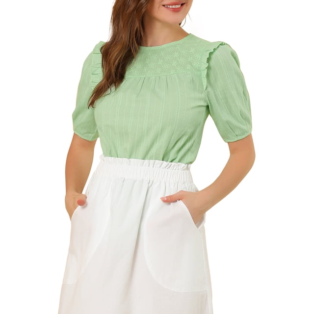 INSPIRE CHIC Women's Puff Shoulder Round Neck Collarless Ruffle Keyhole Back Blouse