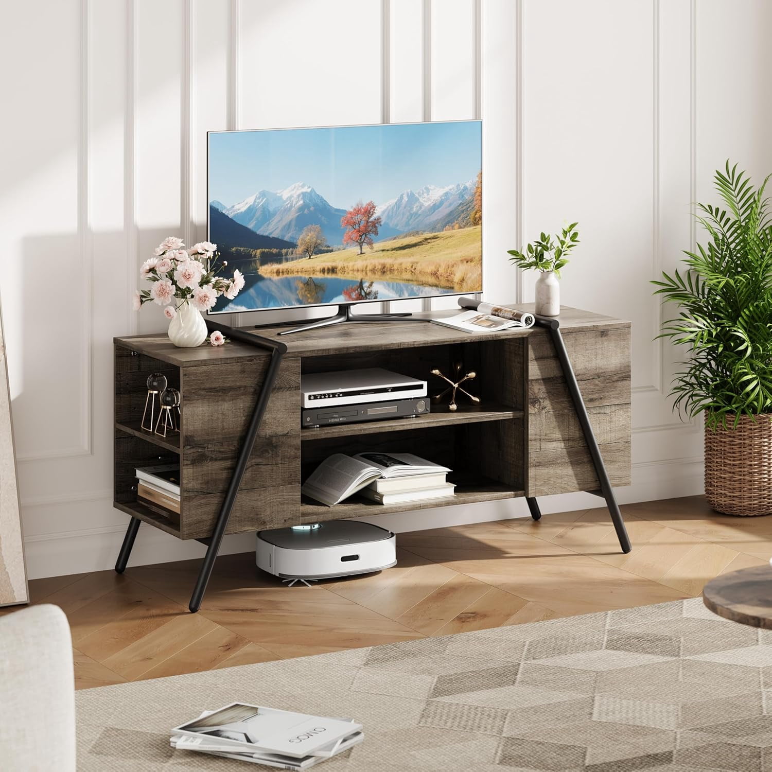 47" TV Stand with Slanted Metal Legs, Wood Entertainment Centre with Adjustable Open Shelves Storage & Cord Holes, Industrial TV Stands for Living Room, Bedroom, Oak Strips