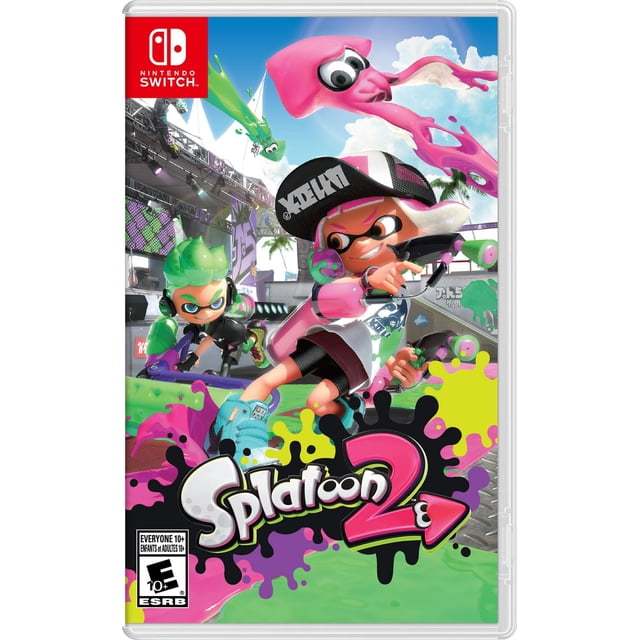 Nintendo Splatoon 2 Nintendo Switch game cover showing a pink Inkling character wearing a black cap and teal sneakers, wielding dual ink guns and splattering pink and green ink in a vibrant urban arena under a blue sky with clouds, representing the colorful 4-on-4 multiplayer action shooter gameplay.