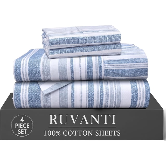 RUVANTI 4 Pcs Cotton Sheets - 100% Natural Cotton Soft, Lightweight & Breathable Crispy Percale Bed Sheets, Twin Sheets Set 16" Deep Pockets, Naval Blue