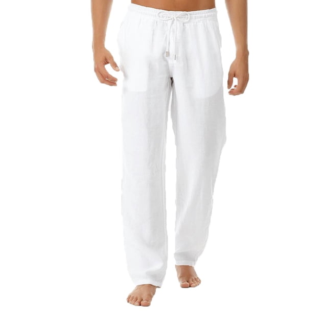 Mens Summer New Style Simple And Fashionable Pure Cotton And Linen Trousers in white, featuring a relaxed fit with an elastic drawstring waistband. Lightweight and breathable cotton blend material, ideal for outdoor and casual occasions during spring, summer, autumn, and winter.