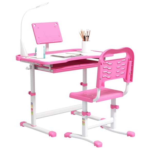 Qaba Kids Desk and Chair Set Height Adjustable Student Writing Desk, Pink