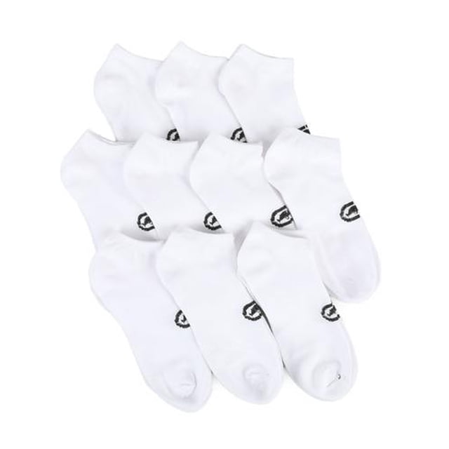 10, 20, or 30 Ecko Unltd Men's Basic White Quick Dry No Show Athletic Socks. These low-cut ankle socks feature a white design with a black Ecko Unlimited logo on the side. Made with a comfort top and knit texture in the heel, they are suitable for everyday wear or athletic activities. Available in packs of 10, 20, or 30 pairs.