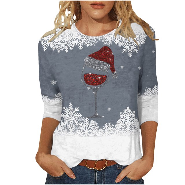 Pisexur Chandails de Noël pour Femmes Chandails à Manches 3/4 pour Femmes Chandails à Col Rond Graphiques Amusants Chandails à Capuchon Décontractés pour les Fêtes de Noël Confort Amples Mode d'Automne Chandails à Enfiler