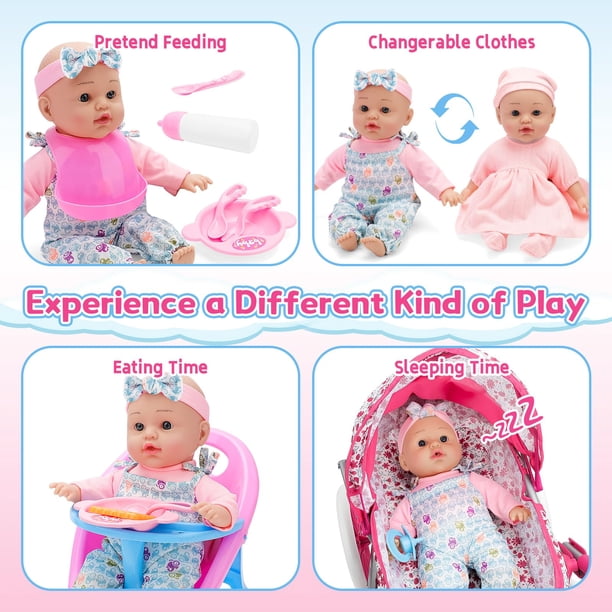 deAO Ensemble de Poussette pour Poupée Bébé Chaise Haute Sac à Couches de Voyage avec Accessoires pour Poupée Bébé de 12 Pouces Jouets de Jeu d'Imitation avec Poussette Pliable 2 Ensembles Vêtements