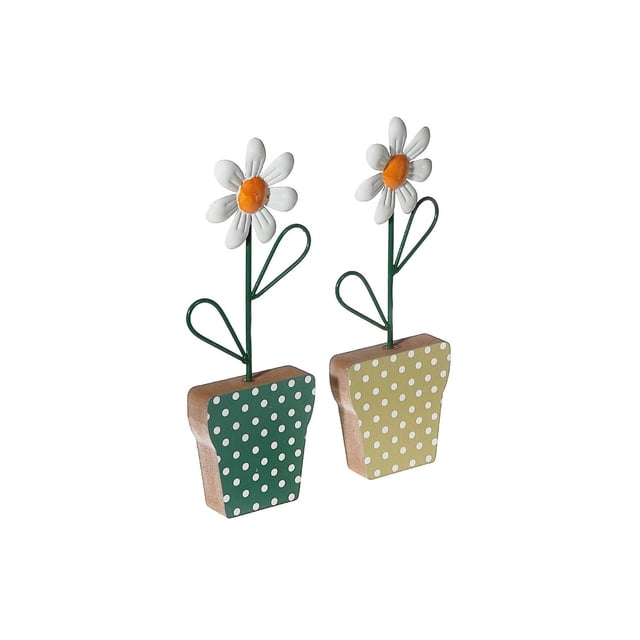 IH Casa Decor Marguerite Galvanisée sur Support en Bois Asstd - Ensemble de 2 avec Deux Marguerites Décoratives Présentant des Pétales Métalliques Blancs et des Centres orange sur des Tiges en Fil Vert avec des Feuilles en Boucle, Chacune dans un pot en Bois à Pois, une Verte et une Jaune, Idéal pour la Décoration de Table Ou d'Étagère.