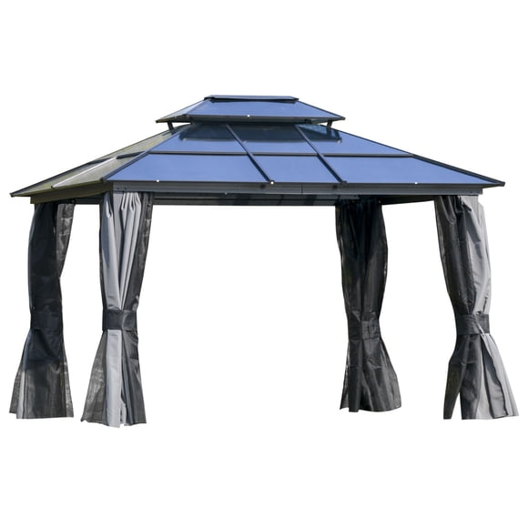 Outsunny 10' x 12' Hardtop Gazebo Canopy with Polycarbonate Double Roof, Aluminum Frame, Permanent Pavilion Outdoor Gazebo with Netting and Curtains for Garden, Backyard