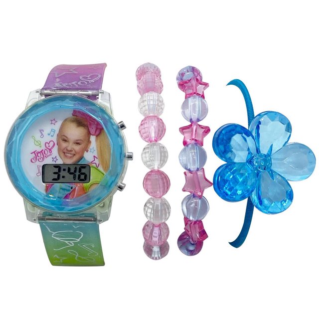 JOJO Siwa Digital Flashing Watch with Bracelets Set featuring a digital watch with a multicolour adjustable plastic strap and flashing lights on the dial, two pink and clear beaded bracelets, and a blue plastic flower hairband suitable for children's jewellery collections.