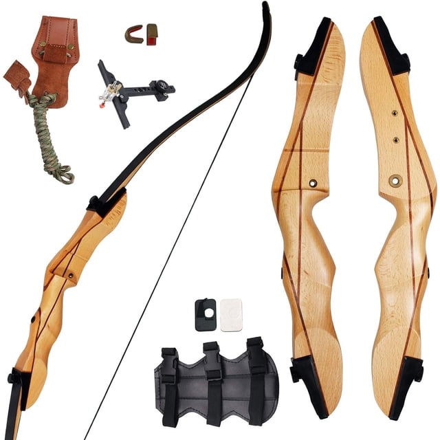 62-inch recurve bow wooden takedown archery bow by FUNTRESS, featuring a hard wood riser and strong fiberglass limbs with maple laminations. Includes accessories such as a bow string, stringer tool, arm guard, recurve bow sight, arrow rest, and string nocks. Designed for both right and left hand orientations, with rounded edges for comfort and lightweight handling.