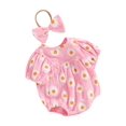 thumbnail image 2 of Wangsaura Nouveau-Né Bébé Filles Rompers Marguerite Impression Manches Courtes Col Rond Bébé Bodys Vêtements d'Été avec Bandeau, 2 of 10