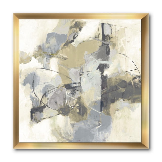 Designart Glam Cream Dream III Framed Wall Art showing abstract grey and cream shapes on premium cotton canvas, mounted on a 1.5-inch wide gold frame. Printed with fade-resistant ink, it arrives ready to hang with included hardware, suitable for modern home décor.