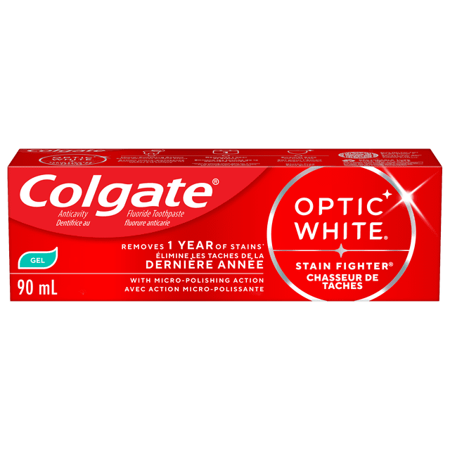 Colgate Optic White Stain Fighter Fresh Mint Teeth Toothpaste Gel 90 mL in a red rectangular box with white and silver text, featuring micro-polishing action that removes 1 year of stains, enamel safe formula, fluoride to fight cavities, and refreshing mint flavour.