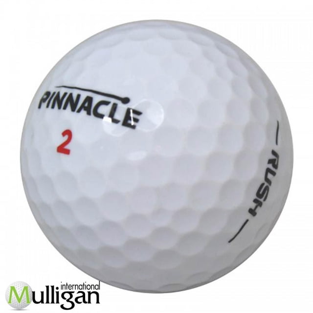 Mulligan - 60 Pinnacle Rush 4A Recycled Used Golf Balls, White showing a close-up of a single white dimpled golf ball with black 'Pinnacle' and 'Rush' branding and a red number 2, designed for excellent tee-to-green distance, soft feel, and near-green control, ideal for eco-conscious golfers seeking quality performance at a reduced price.