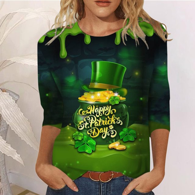 CEHVOM T-Shirt de la Saint-Patrick pour Femmes Manches 3/4, T-Shirts Imprimés Verts Chanceux pour la Saint-Patrick, T-Shirts Décontractés Col Rond Mode Imprimé Saint-Patrick