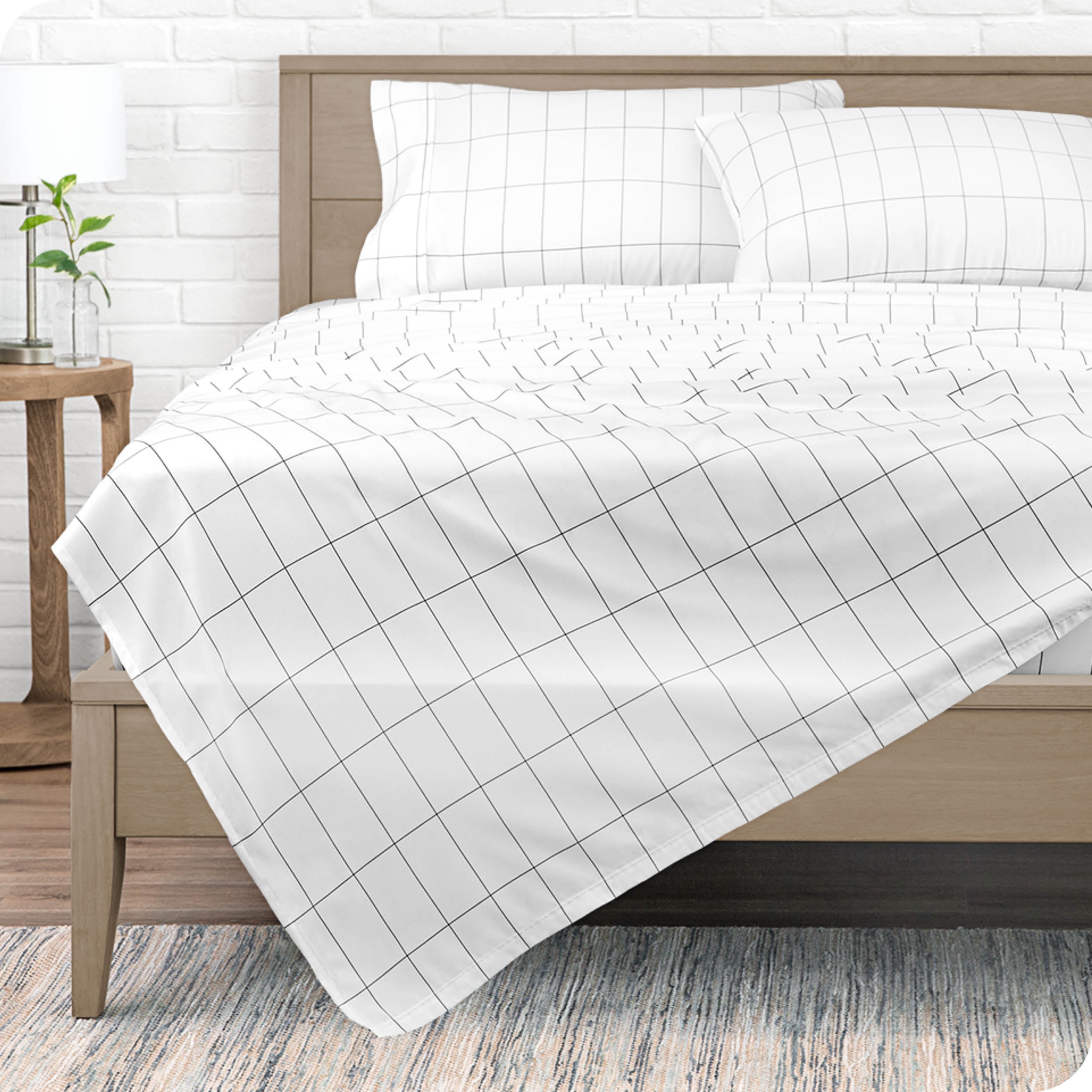 Bare Home Ultra-Soft Sheet Set - Premium 1800 Collection - Deep Pockets - 5-Pieces - Split King, Grid - White/Gray
