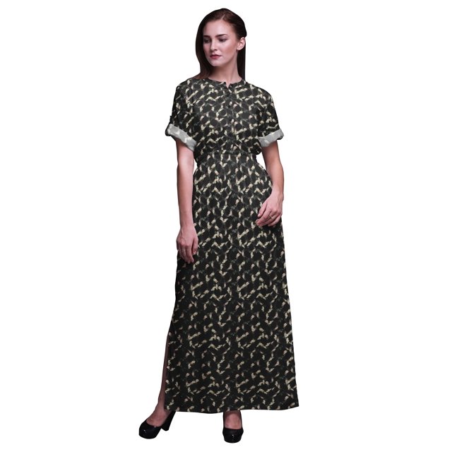 Bimba Robe Longue Maxi Imprimée de Roses et Renoncules en Rayonne pour Femmes avec Fente Latérale-Moyenne
