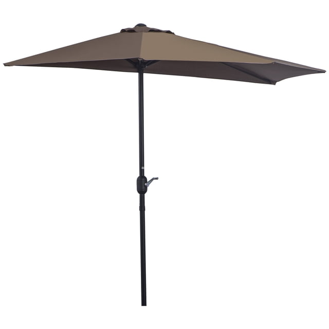 Outsunny 9ft Half Round Umbrella Outdoor Balcony Parasol in coffee colour with 5 ribs and a powder-coated steel frame. Features a crank handle for easy setup and antique beige polyester fabric for sun protection. Designed to stand flush against walls or glass doors, ideal for balconies, patios, and gazebos. Stand not included.