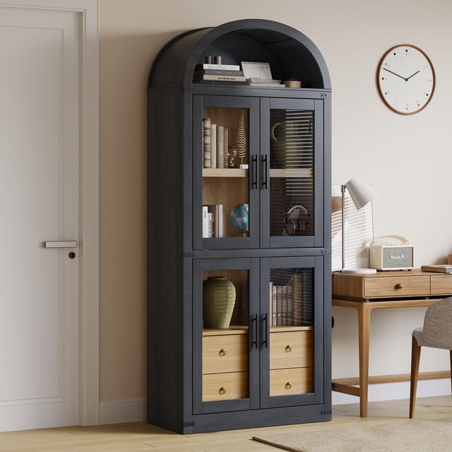 Kojooin Arched Bookshelf with Doors and Drawers Farmhouse Bookcase 15.83in Depth Display Storage Shelves 71.4in Tall Wooden Display Cabinet Rounded Bookcases for Living Room, Kitchen