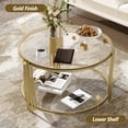 thumbnail image 3 of Table Basse en Verre de 31,5 Pouces avec Rangement, Table Centrale Ronde avec Tablette, Table Basse Ronde à 2 Niveaux pour Salon Moderne avec Miroir Clair, Base Tambour Circulaire en Métal, Fini Or et Tablette Inférieure, 3 of 7