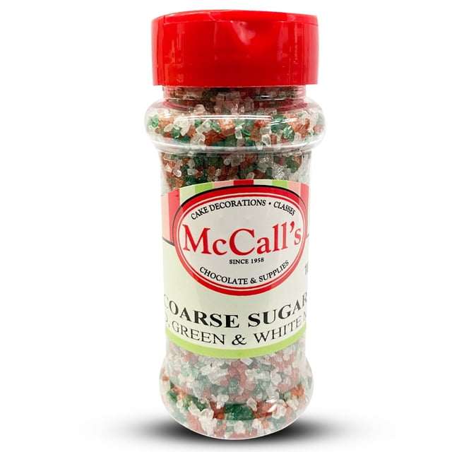 SUGAR COARSE RED GREEN & WHITE MIX 100 g by McCall’s, featuring large, sparkling crystals in festive red, green, and white colors. Packaged in a clear plastic jar with a red lid, this decorative sugar is ideal for adding texture, shine, and crunch to cookies, cupcakes, cakes, and pastries. Suitable for use before or after baking.