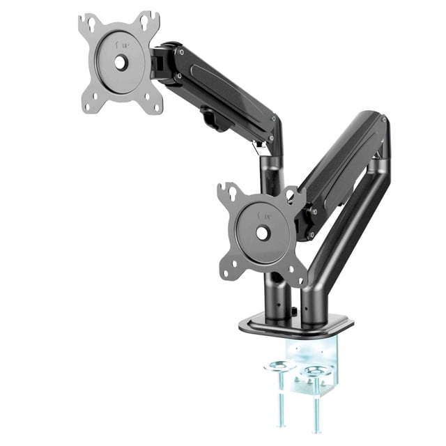 MotionGrey Dual Metal Computer Monitor Arm Stand with quick-release VESA mount, shown in black. Designed for screens up to 28 inches, it features adjustable arms with a height range of 140-411mm, tilt range of +45° to -45°, and swivel range of +90° to -90°. The stand supports VESA 75x75mm and 100x100mm compatibility, with a weight capacity of 1.5-6.5kg per screen. Includes grommet and clamp installation options, cable management, and a full arm extension of 468mm.