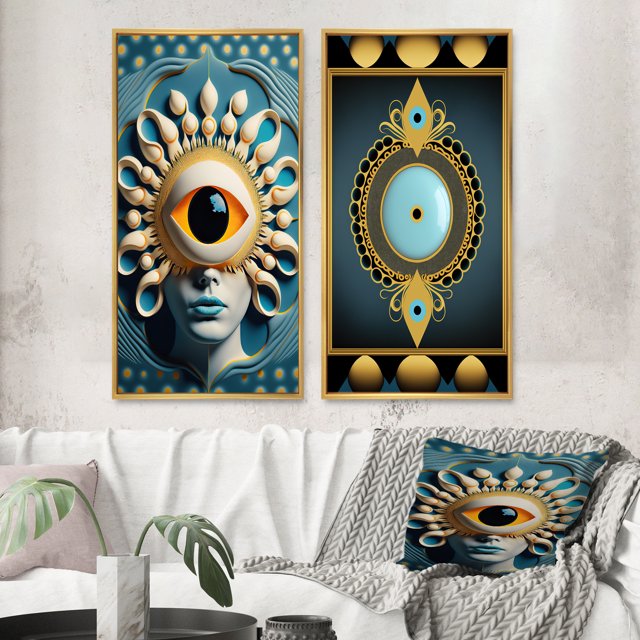 Designart "Radiant Eye Captures the Beholder II" Modern Abstract Framed Wall Art Set Of 2 - Traditional Blue Frame Gallery Set For Office Decor