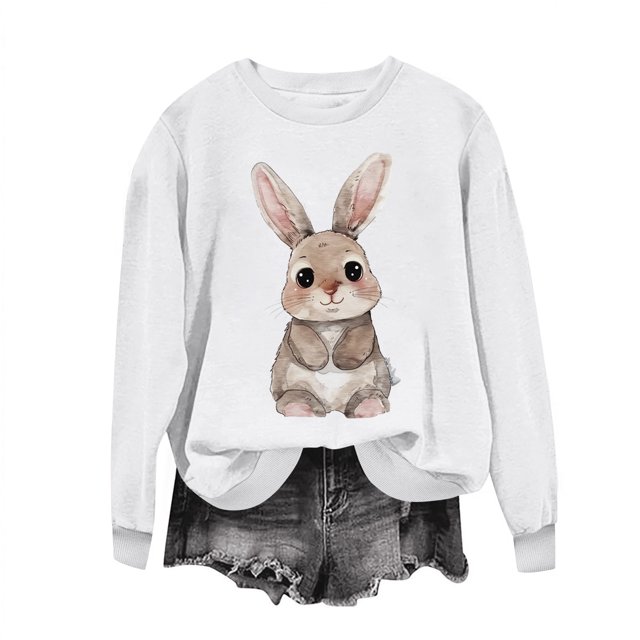 Penkiiy Chemises de Pâques pour Femmes 2024 Manches Longues Mignon Lapin Col Rond Chandail en Molleton Graphique Lapin Décontracté Été Blouse Tunique Hauts TG Blanc