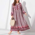 thumbnail image 4 of Ovzne Robes pour Femmes Robe Mode Grande Taille pour Femmes Style Ethnique Imprimé Col Rond Manches Longues Dentelle Taille Grand Ourlet Robe Robe de Vacances à Manches Longues Imprimée Liquidation, 4 of 4