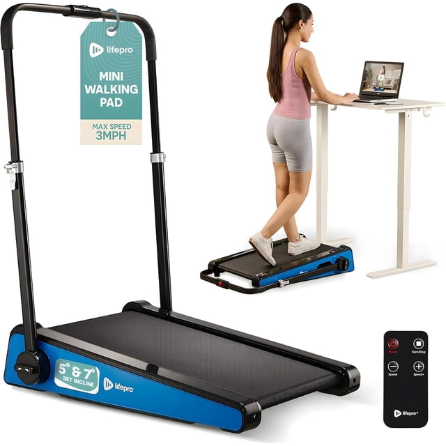 LifePro 30in Walking Pad Treadmill Under Desk in blue, a compact exercise machine with a 7° incline and adjustable speed range of 0.5–3 MPH. Features an LED display for tracking time, speed, distance, and calories. Ideal for fitness routines at home or office, shown under a standing desk with a user walking on it. Lightweight and portable with transport wheels for easy storage.