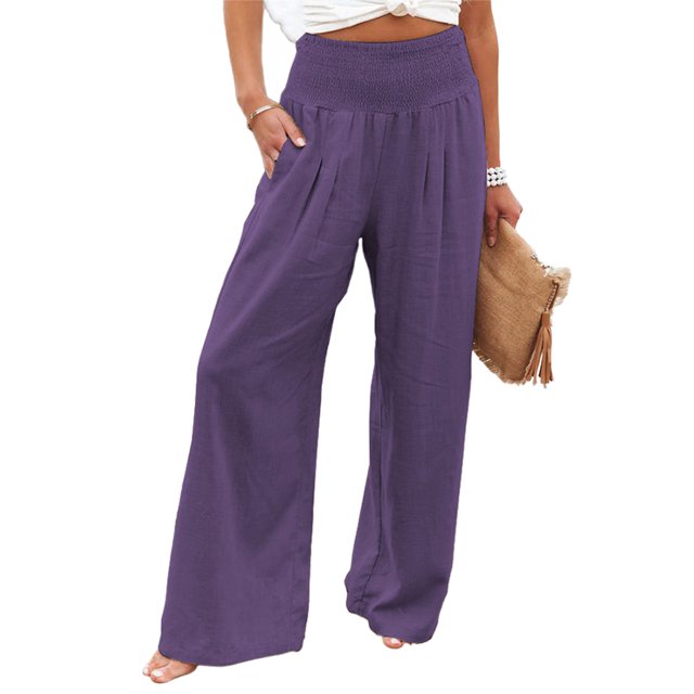 MAWCLOS Ladies Loungewear Pants, High Waist Palazzo Pant, Solid Color, Purple, Size S