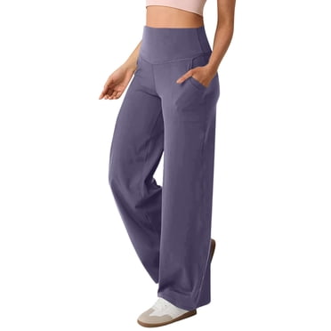 Ohufall Women's Solid Yoga Pants Elastic High Waisted Breathable Thin Workout Yoga Leggings Wide Leg Pockets Full Length Running Sports Yoga Trousers