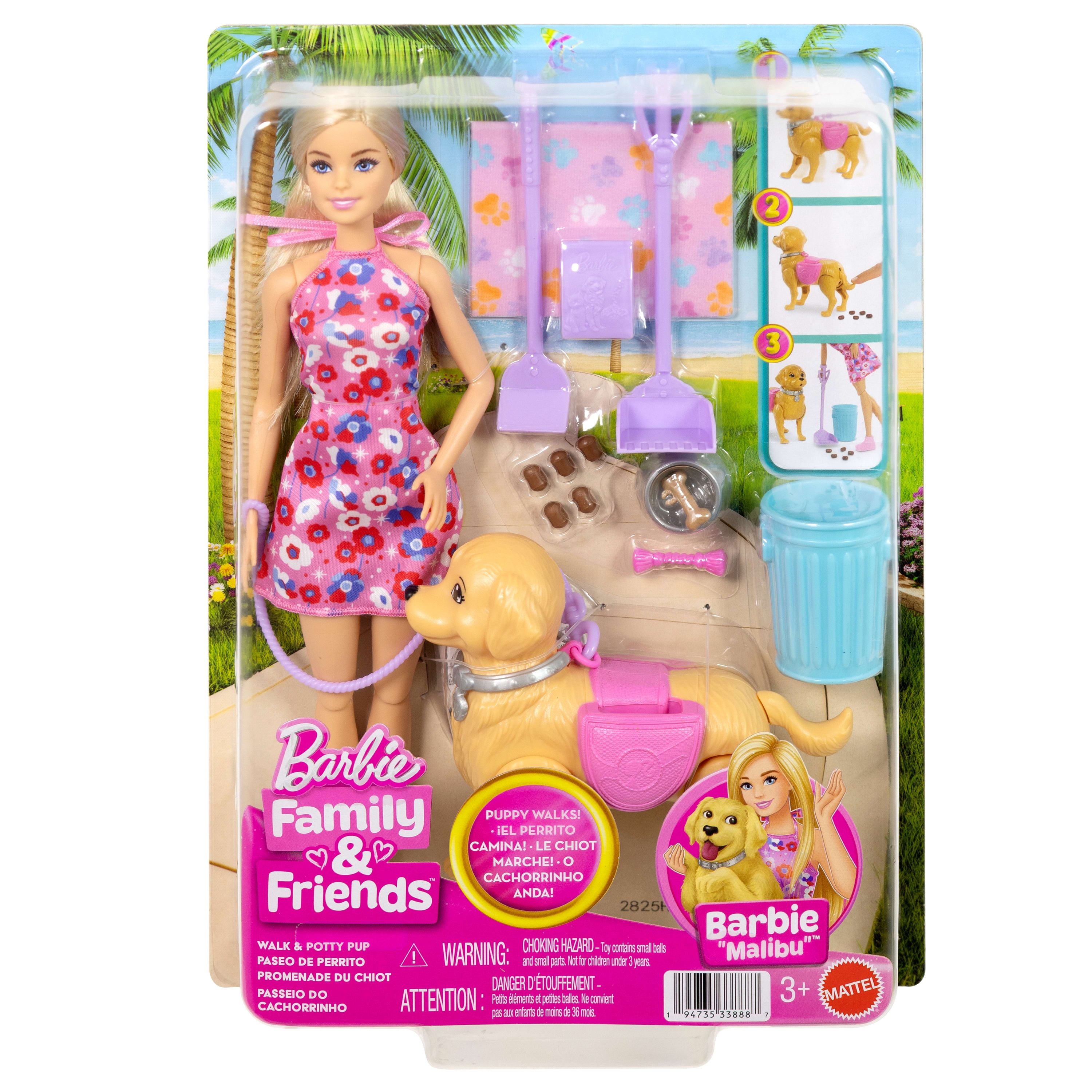 Barbie-Coffret Barbie “Malibu” et son chiot Promenade et Besoins
