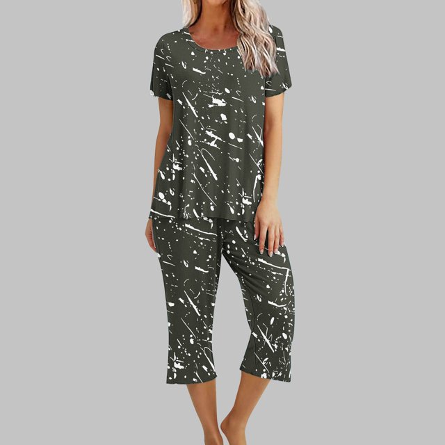 Économies d'Été Liquidation Iumwxz Pyjamas Décontractés Fluides Tenues Grande Taille Tenues d'Été Mode Graphique Col Rond Manches Courtes Taille Élastique Pantalons Raccourcis Ensembles Assortis pour Fête Dames