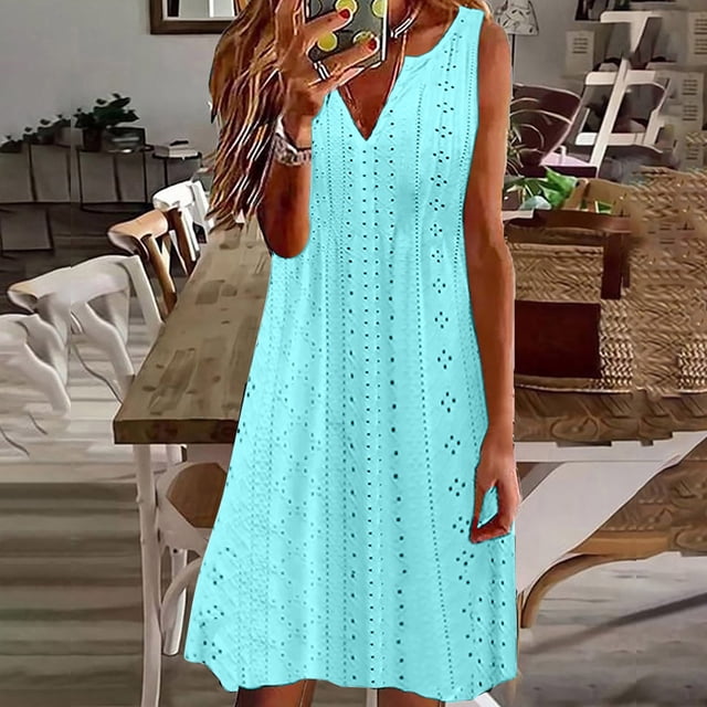 Gspmoly Robe pour Femmes, Robe d'Été Décontractée Unie à Col en V Sans Manches pour Femmes, Mini-Robe, Robes Formelles pour Femmes jusqu'à 60 % de Rabais