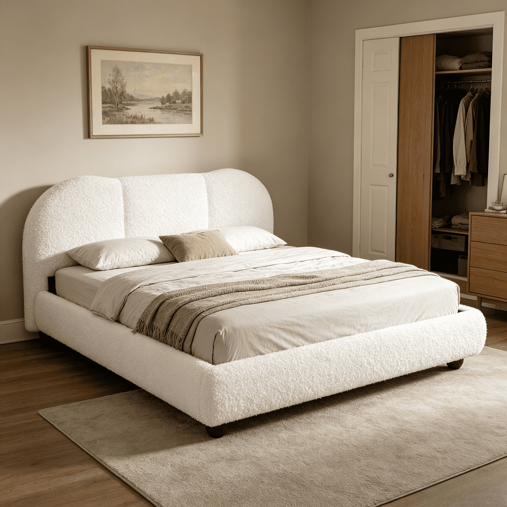 Homy Casa Lit Plateforme Très Grand Format en Bouclé, Tête de Lit Courbée Rembourrée, Lit en Tissu Teddy Sans Sommier