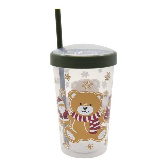 Gobelet en plastique ours et pain d’épices des Fêtes réutilisable avec paille, 16,2 oz, couvercle à paillettes vertes, par Holiday Time