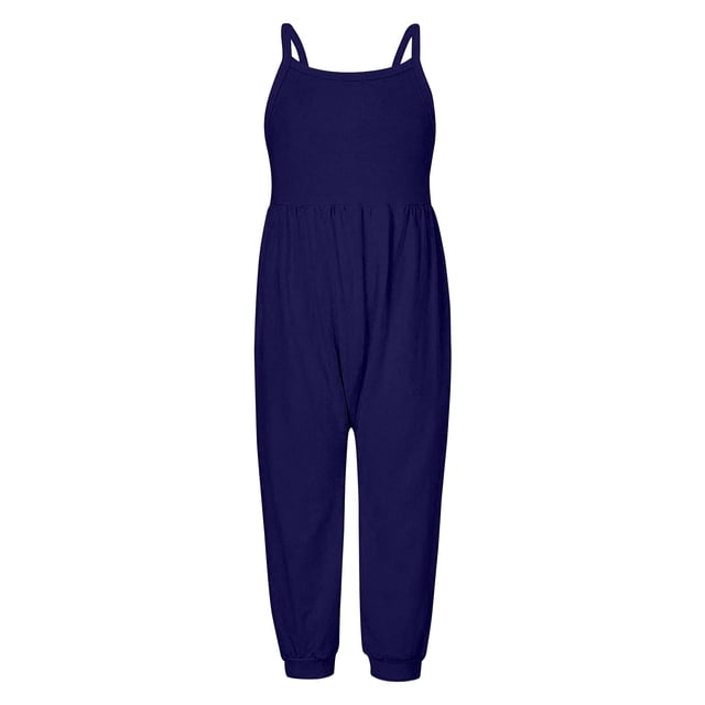Girls Overall Solid Jumpsuits Rompers for Girls Sleeveless Overalls with Side Pockets Preppy Clothes 3T
