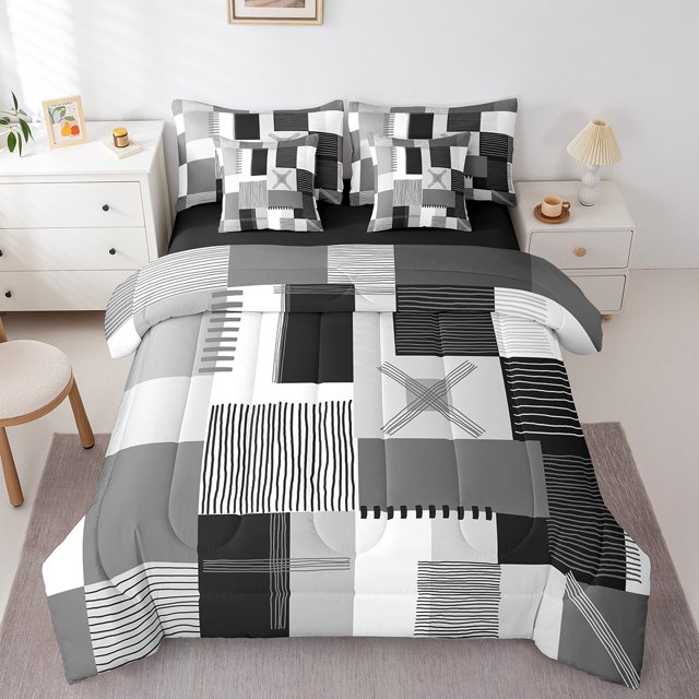 Erosebridal Ensembles de Literie à Lignes Géométriques Format Très Grand, Patchwork Rectangle Lit en Sac Format Très Grand, Décor de Chambre à Rayures, Réversible, Ultra Doux, 7 Pcs