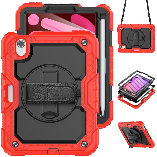 Case for iPad Mini 7 A17 Pro 2024/Mini 6 2021 8.3 Inch 7th/6th Gen with Screen Protector, 360 Degree Rotating Kickstand Hand Strap Shockproof Cover with Shoulder Strap, Red