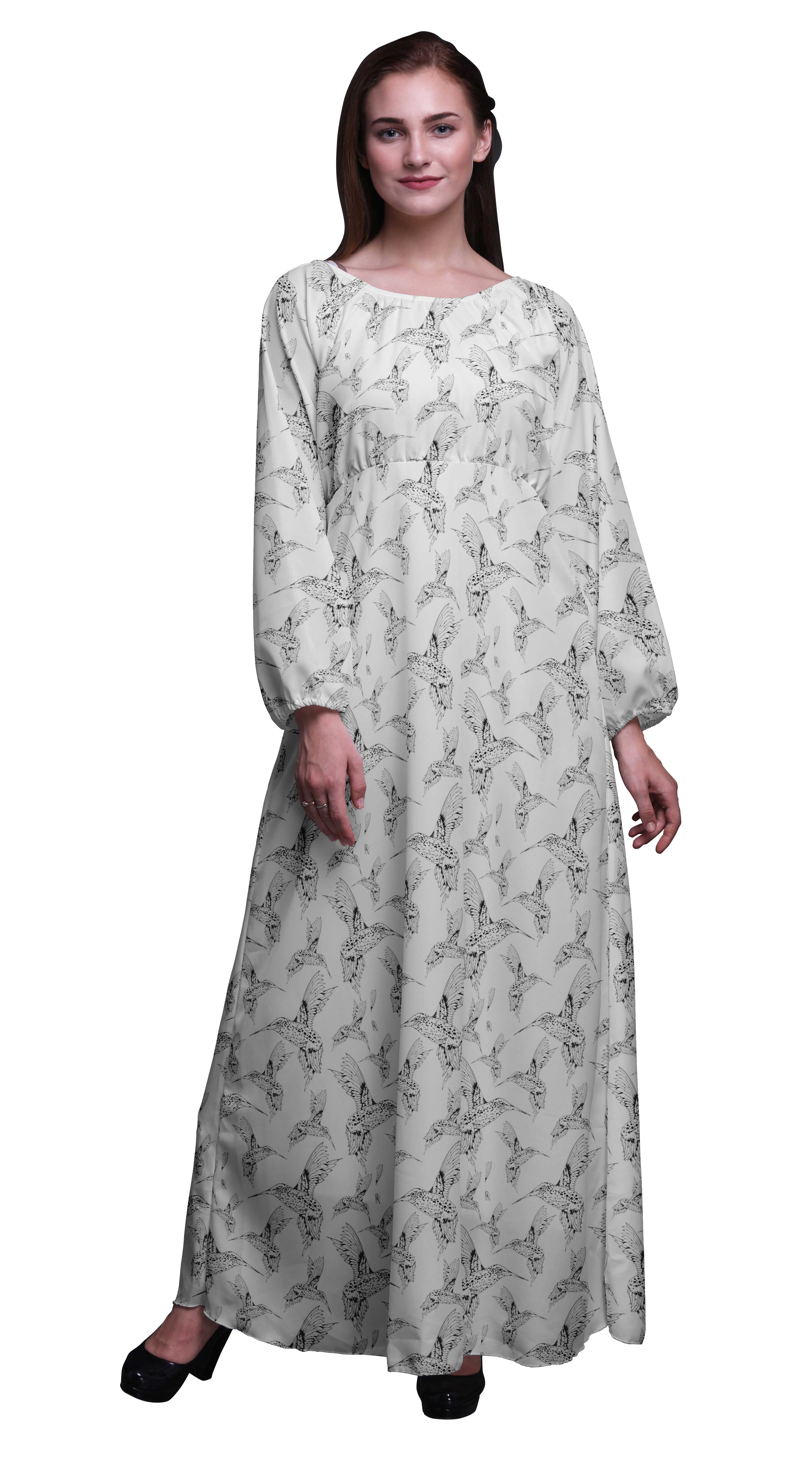 Bimba Robe Maxi à Manches Longues pour Femmes en Georgette Mousse, Imprimée d'Oiseau Pêcheur King, Taille Élastique - XX-Grand