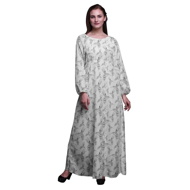 Bimba Robe Maxi à Manches Longues pour Femmes en Georgette Mousse, Imprimée d'Oiseau Pêcheur King, Taille Élastique - XX-Grand
