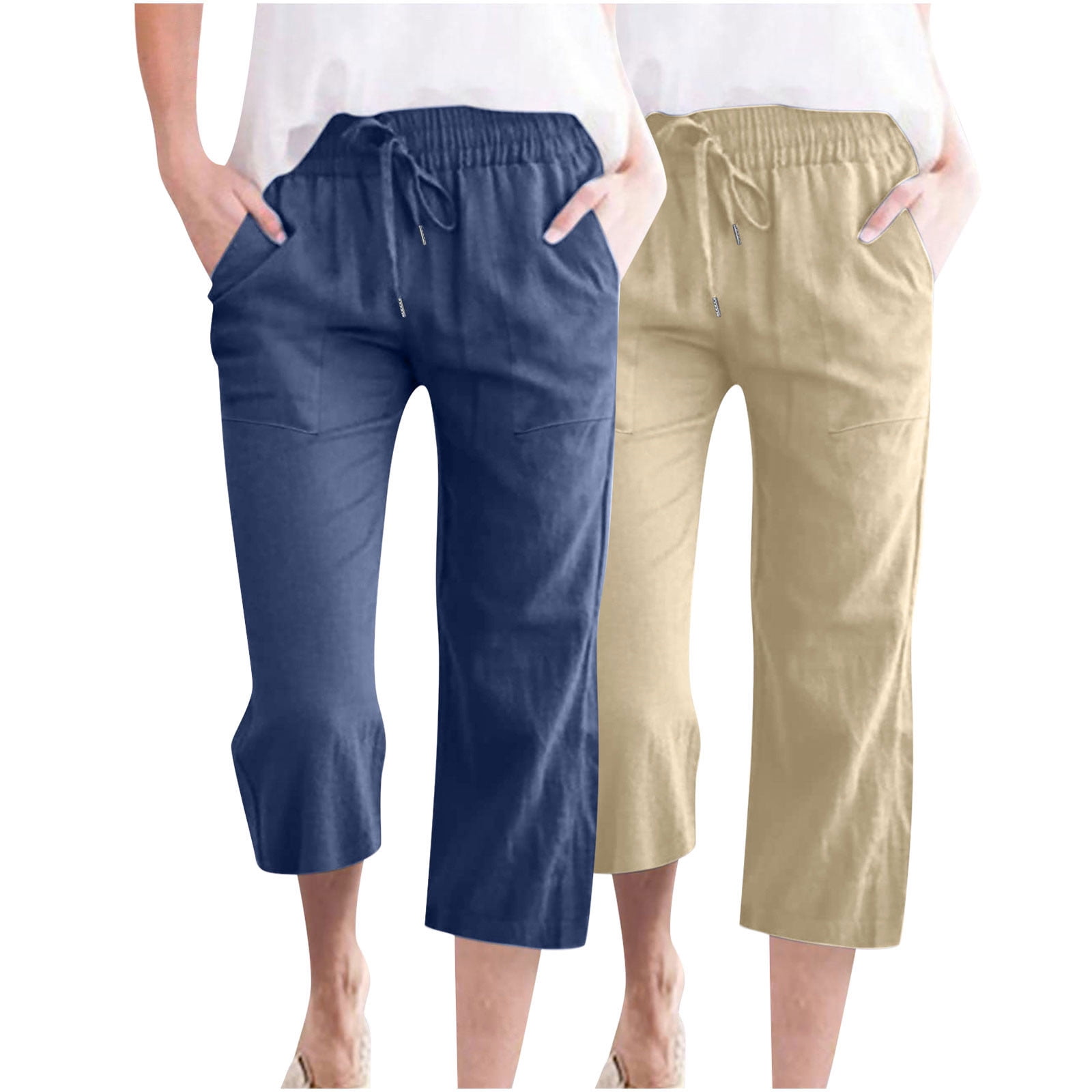 Timegard 2pc Capri Pants for Women Cotton Linen Elastic Waist Loose Lounge Crop Pants Pockets Solid Color