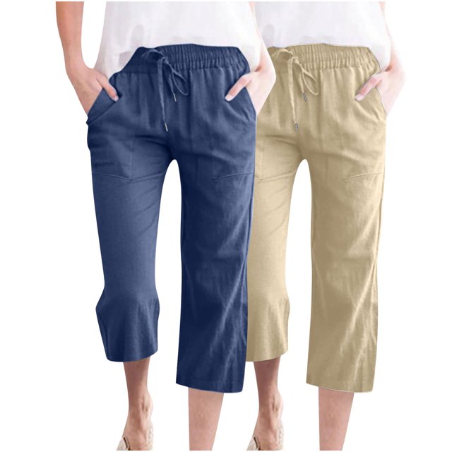 Timegard 2pc Capri Pants for Women Cotton Linen Elastic Waist Loose Lounge Crop Pants Pockets Solid Color